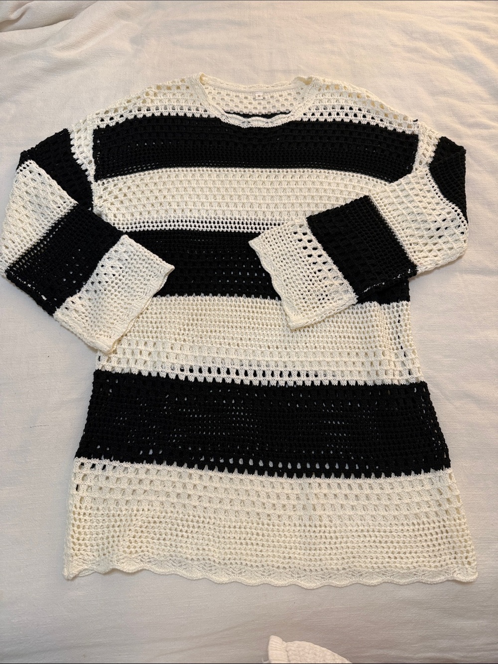 Amazon Essentials Black & White Open-Knit Striped Sweater